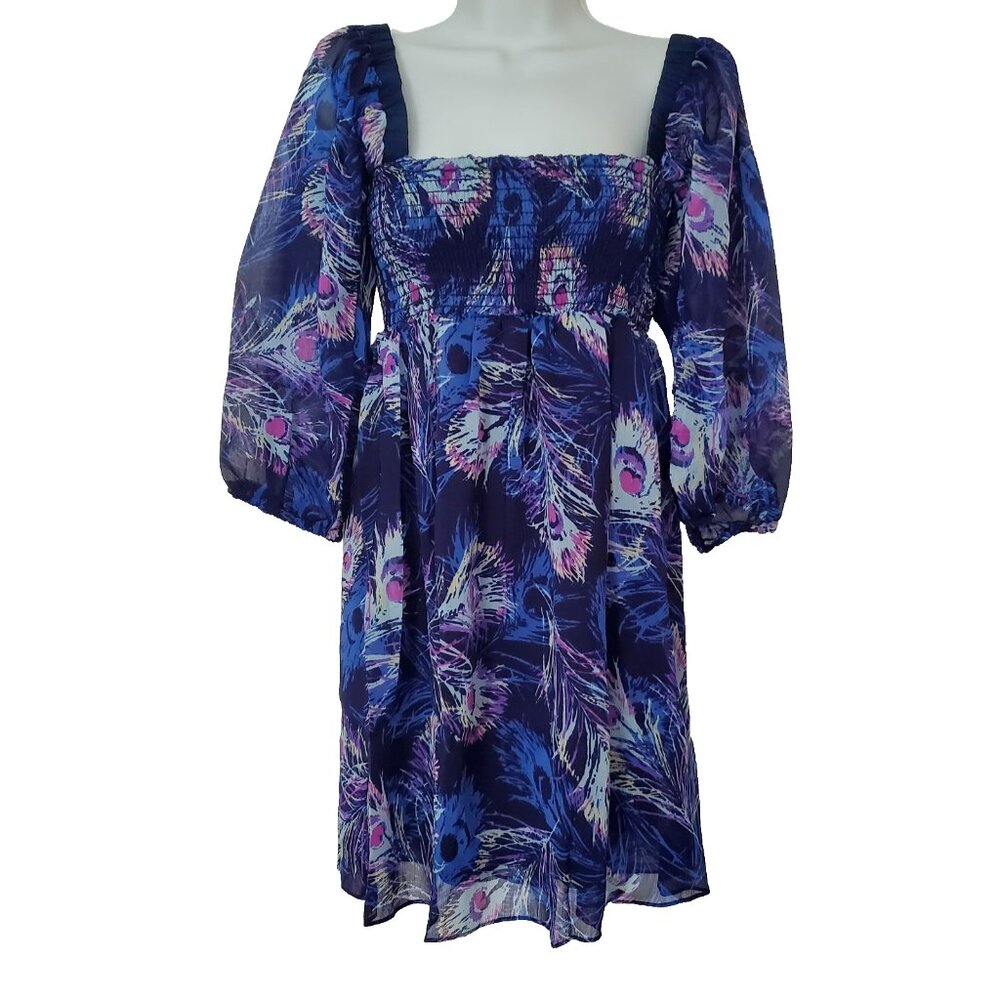Three Eight Two Dress Size S Blue Peacock Babydoll Art to Wear Sheer Lined USA - Picture 9 of 9